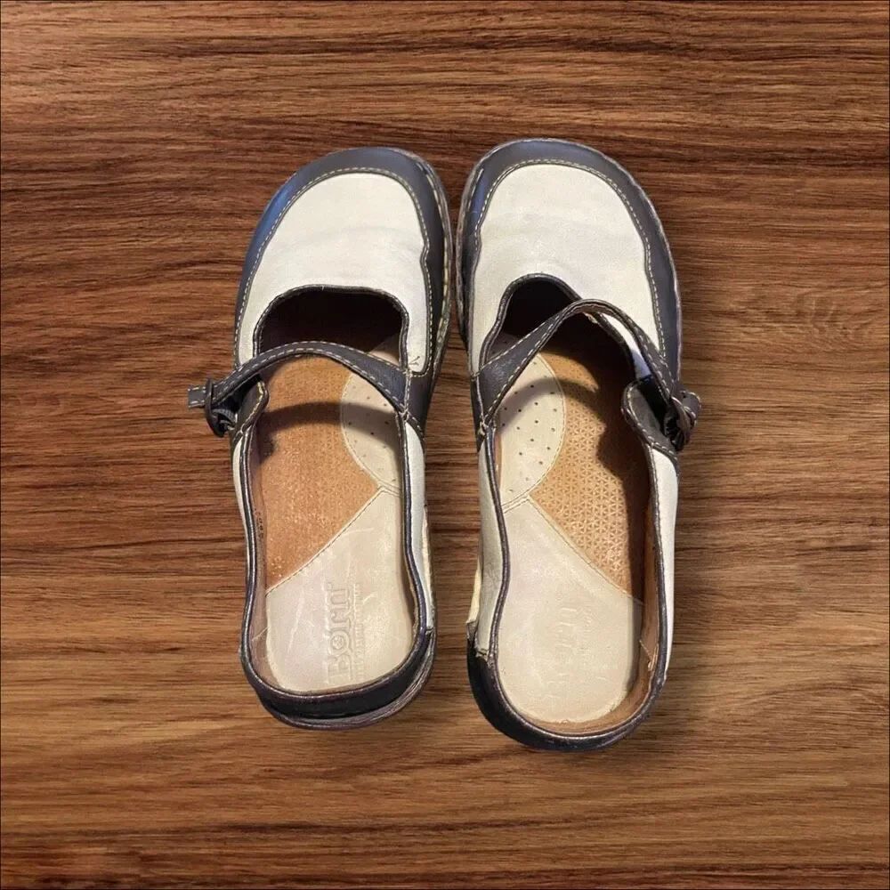 Born Womens Brown And Cream Round Toe Buckle Closure Leather Maryjane Size 7